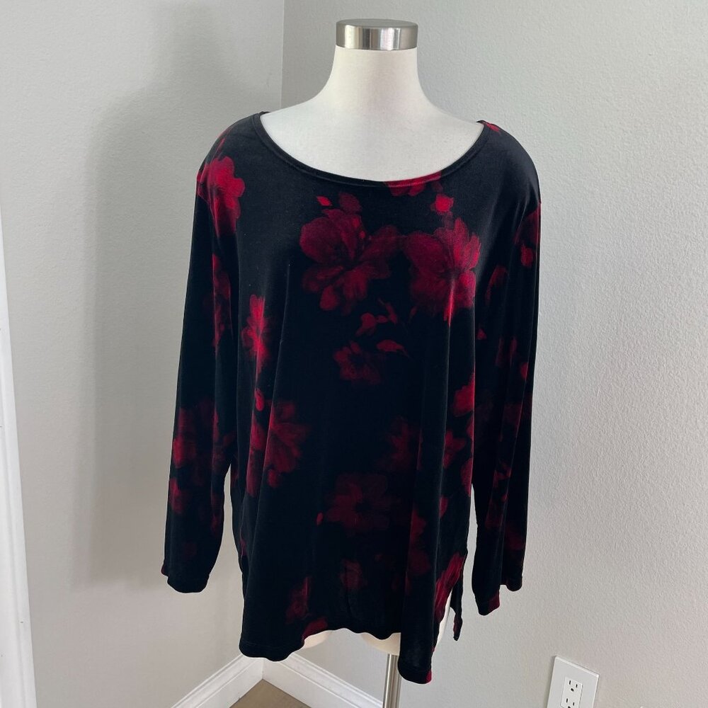 Notations Woman Plus 3X Black Red‎ Velvet Floral Long Sleeve Tunic Top Stretch
